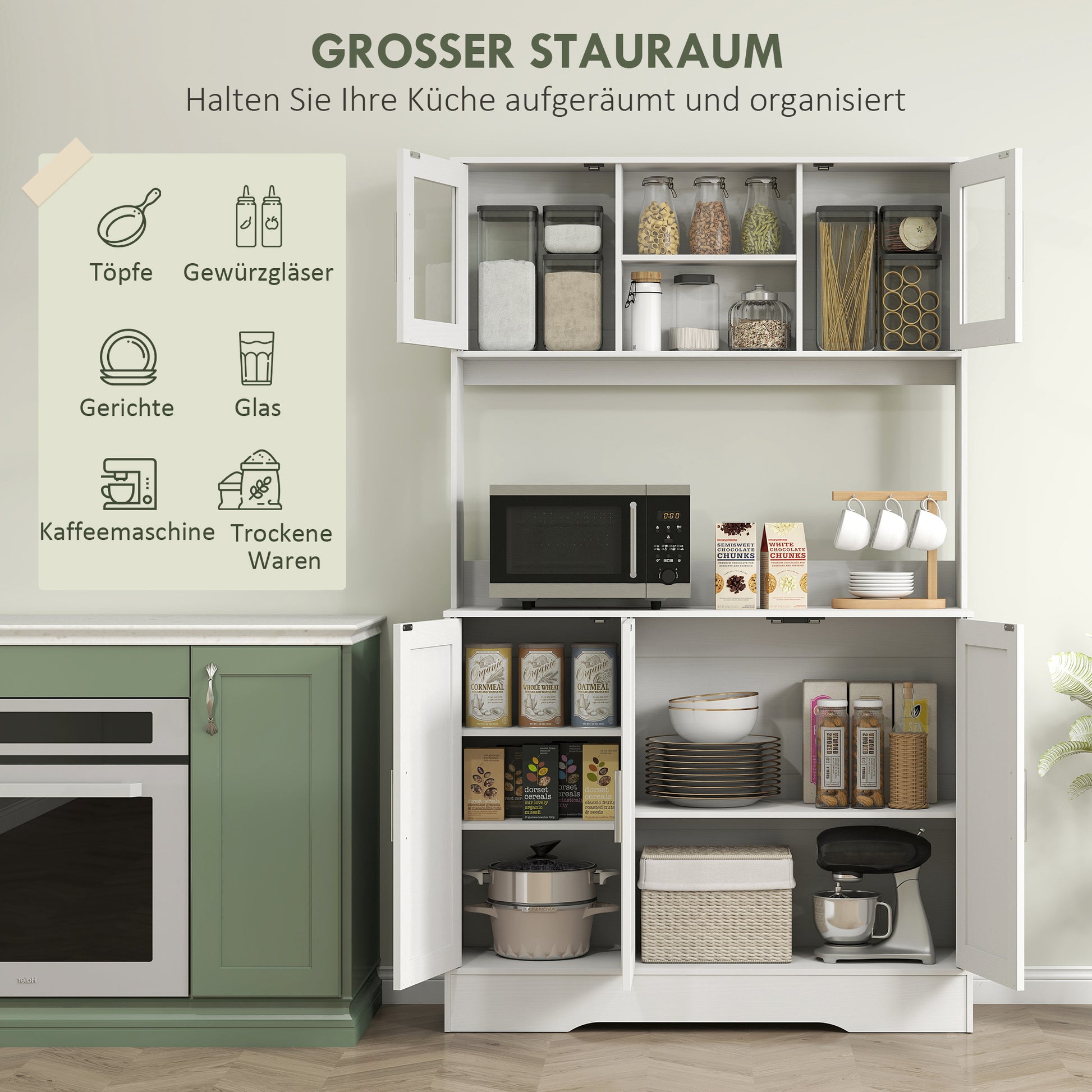 Kitchen Cabinet Tall Cabinet with Countertop Buffet Cabinet with Adjustable Shelves, 5 Doors, Pantry Cabinet with Glass Doors, Scandinavian Design, White