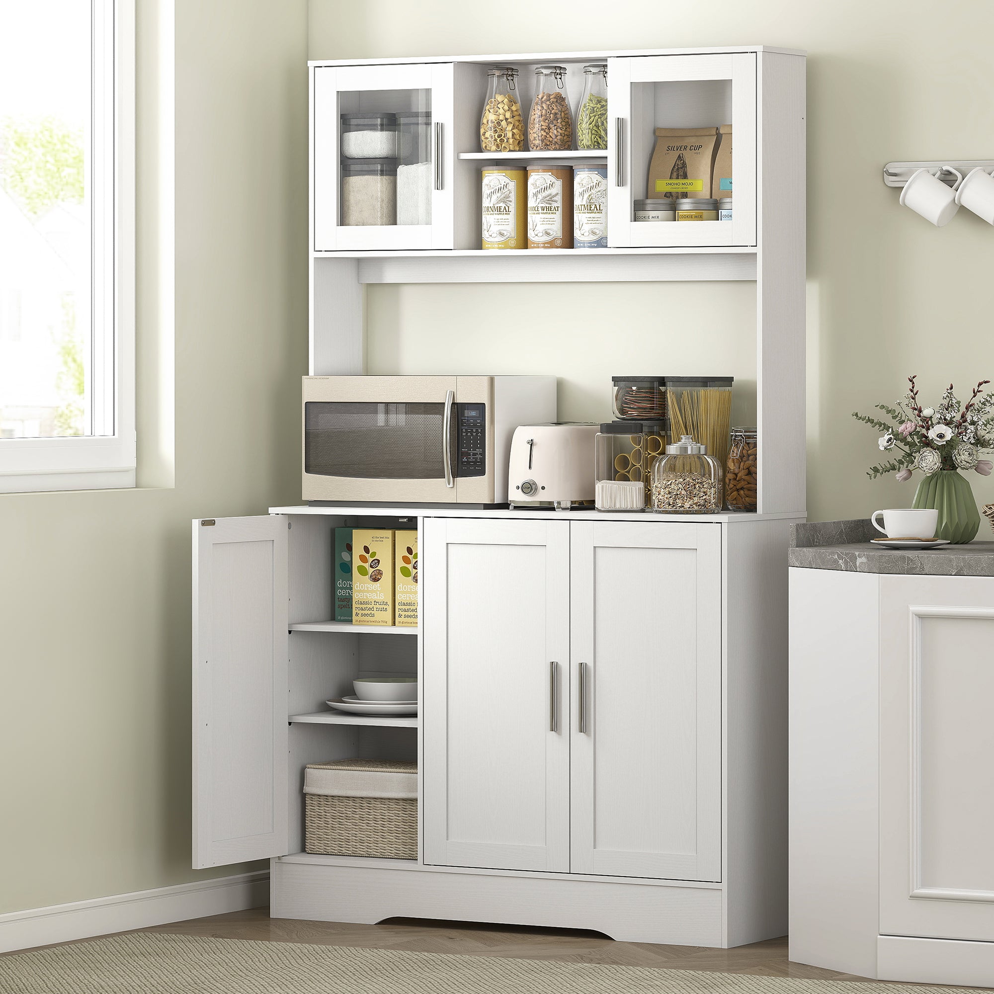 Kitchen Cabinet Tall Cabinet with Countertop Buffet Cabinet with Adjustable Shelves, 5 Doors, Pantry Cabinet with Glass Doors, Scandinavian Design, White