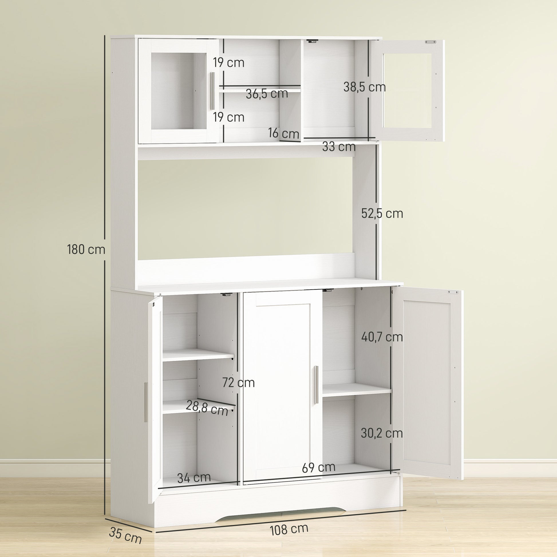 Kitchen Cabinet Tall Cabinet with Countertop Buffet Cabinet with Adjustable Shelves, 5 Doors, Pantry Cabinet with Glass Doors, Scandinavian Design, White