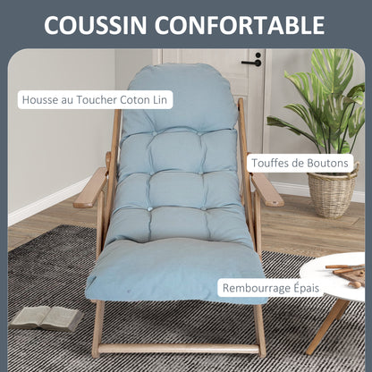 Folding and Reclining Wooden Lounge Chair with Thick Padded Tufted Cushion - 71 x 89 x 96 cm Gray