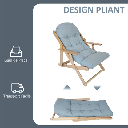 Folding and Reclining Wooden Lounge Chair with Thick Padded Tufted Cushion - 71 x 89 x 96 cm Gray