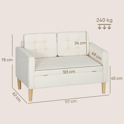 2-Seater Storage Sofa, Velvet-Effect Upholstery with Rubberwood Legs, Button-Tufted Back — 46.1 x 24.4 x 30.7 in, Cream