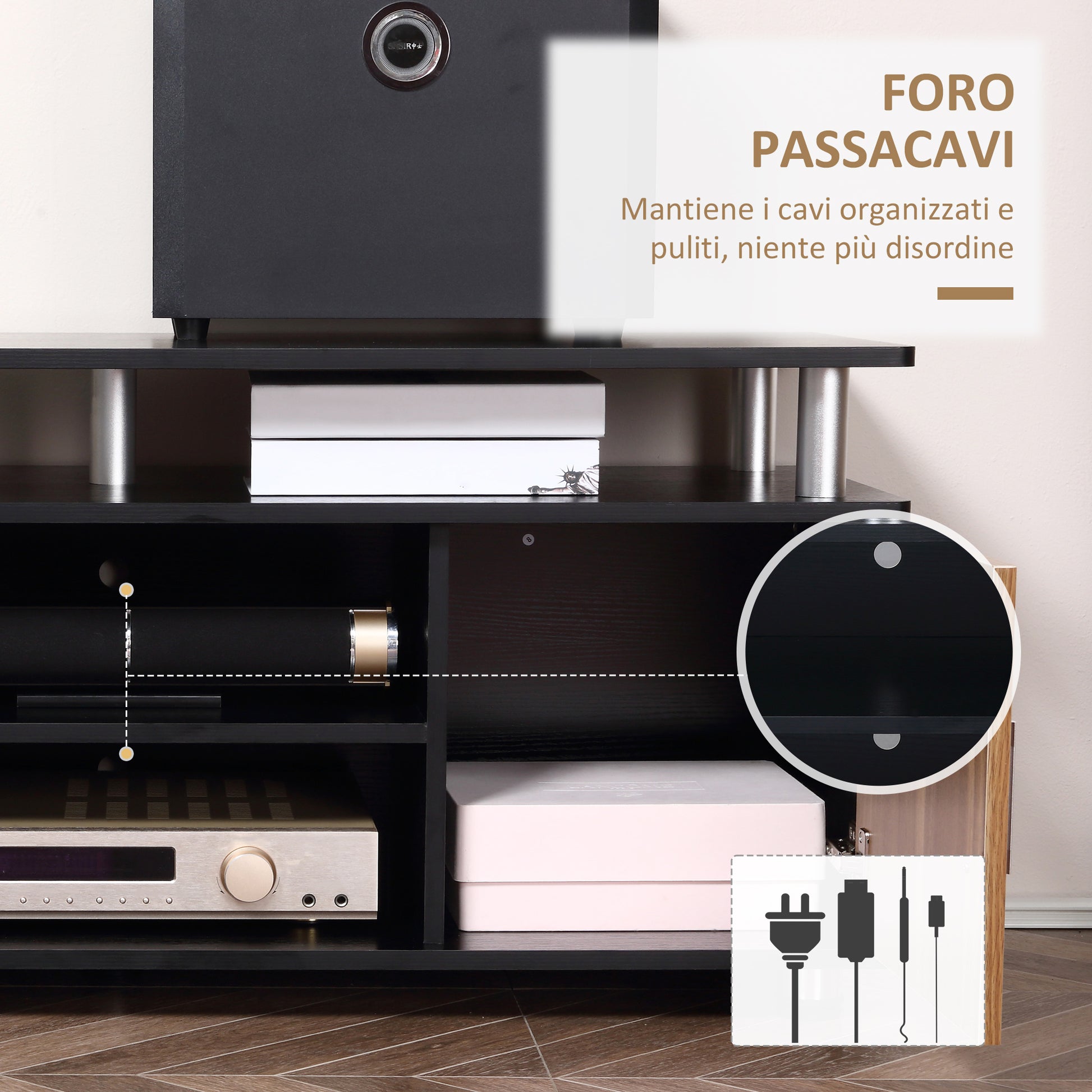 TV Stand for TVs up to 50'' with Cabinets and Shelves, TV Cabinet for Living Room and Lounge in Wood and Aluminum, 120x40x52.2cm