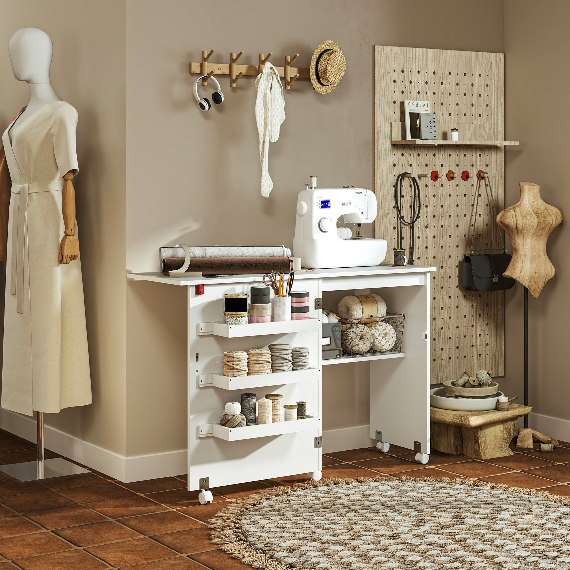 Folding Sewing Table Sewing Cabinet with Storage Bins, Open Shelf, and Wheels, Sewing Machine Furniture for Living Room, Office, Studio, dim. 117 x 40 x 77.5 cm, White