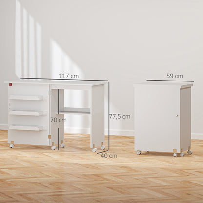 Folding Sewing Table Sewing Cabinet with Storage Bins, Open Shelf, and Wheels, Sewing Machine Furniture for Living Room, Office, Studio, dim. 117 x 40 x 77.5 cm, White