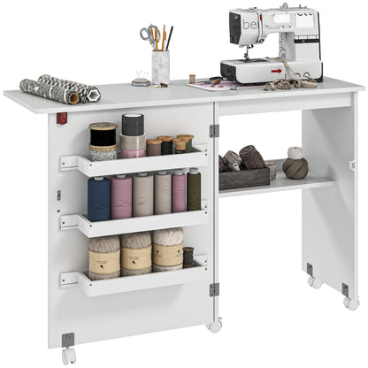 Folding Sewing Table Sewing Cabinet with Storage Bins, Open Shelf, and Wheels, Sewing Machine Furniture for Living Room, Office, Studio, dim. 117 x 40 x 77.5 cm, White