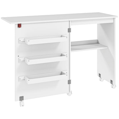 Folding Sewing Table Sewing Cabinet with Storage Bins, Open Shelf, and Wheels, Sewing Machine Furniture for Living Room, Office, Studio, dim. 117 x 40 x 77.5 cm, White