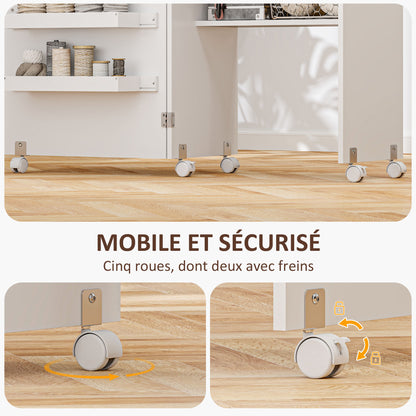 Folding Sewing Table Sewing Cabinet with Storage Bins, Open Shelf, and Wheels, Sewing Machine Furniture for Living Room, Office, Studio, dim. 117 x 40 x 77.5 cm, White