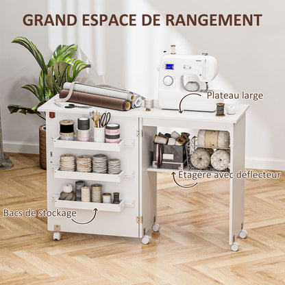 Folding Sewing Table Sewing Cabinet with Storage Bins, Open Shelf, and Wheels, Sewing Machine Furniture for Living Room, Office, Studio, dim. 117 x 40 x 77.5 cm, White