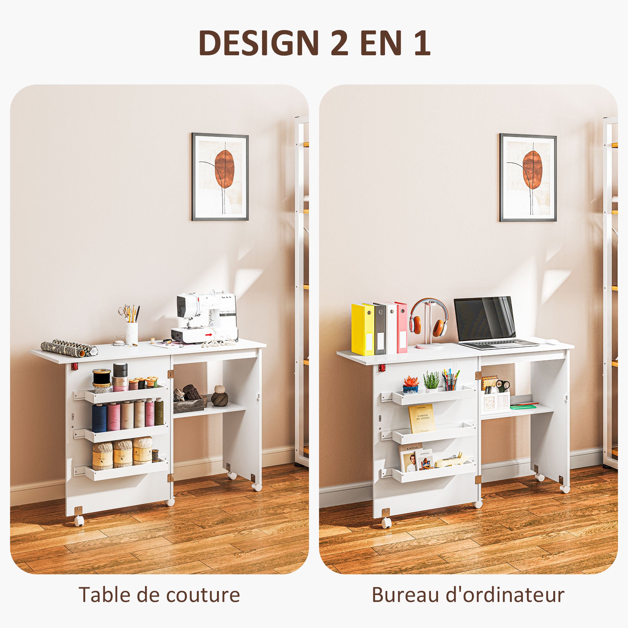 Folding Sewing Table Sewing Cabinet with Storage Bins, Open Shelf, and Wheels, Sewing Machine Furniture for Living Room, Office, Studio, dim. 117 x 40 x 77.5 cm, White