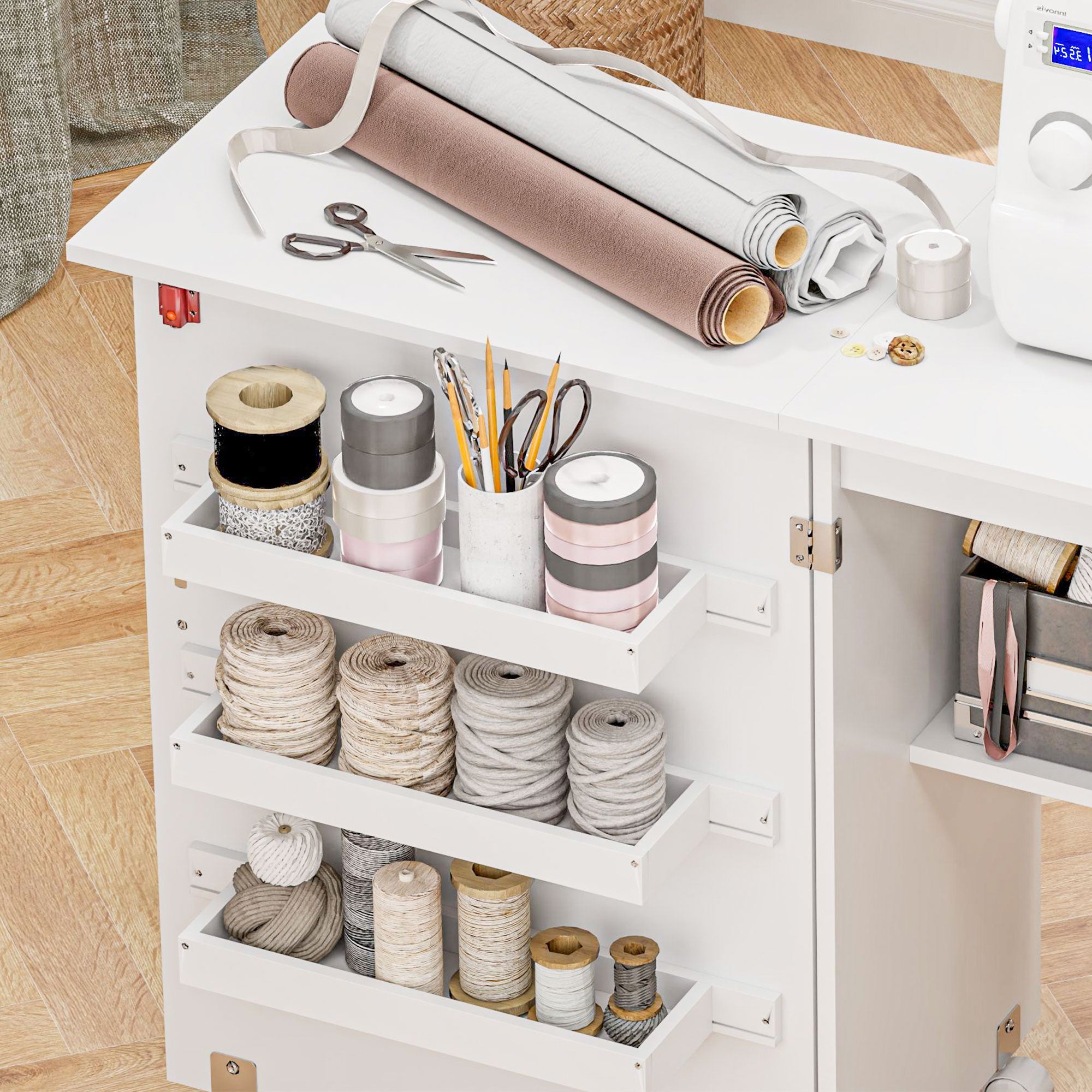 Folding Sewing Table Sewing Cabinet with Storage Bins, Open Shelf, and Wheels, Sewing Machine Furniture for Living Room, Office, Studio, dim. 117 x 40 x 77.5 cm, White
