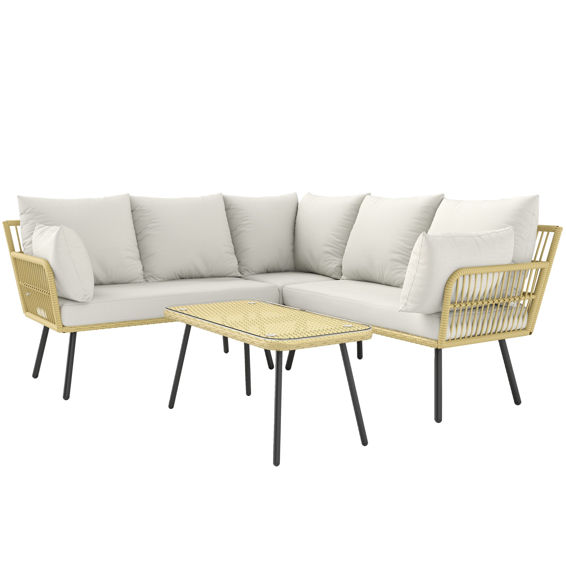Corner Garden Set 5 Seater Rattan Effect Wicker with Cushions and Rectangular Coffee Table - Bohemian Design