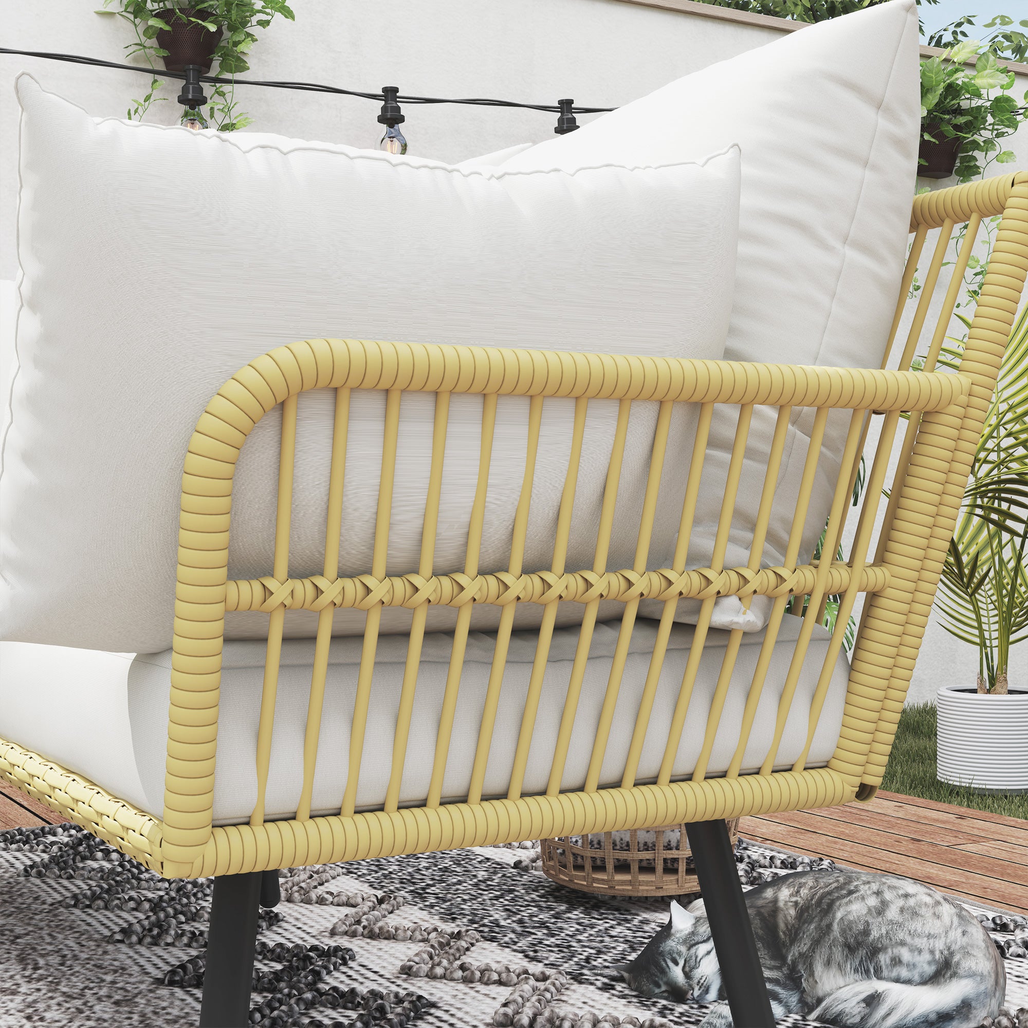 Corner Garden Set 5 Seater Rattan Effect Wicker with Cushions and Rectangular Coffee Table - Bohemian Design