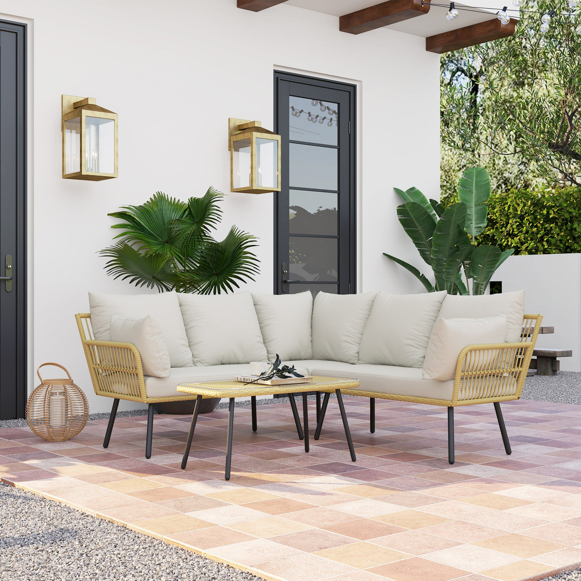 Corner Garden Set 5 Seater Rattan Effect Wicker with Cushions and Rectangular Coffee Table - Bohemian Design