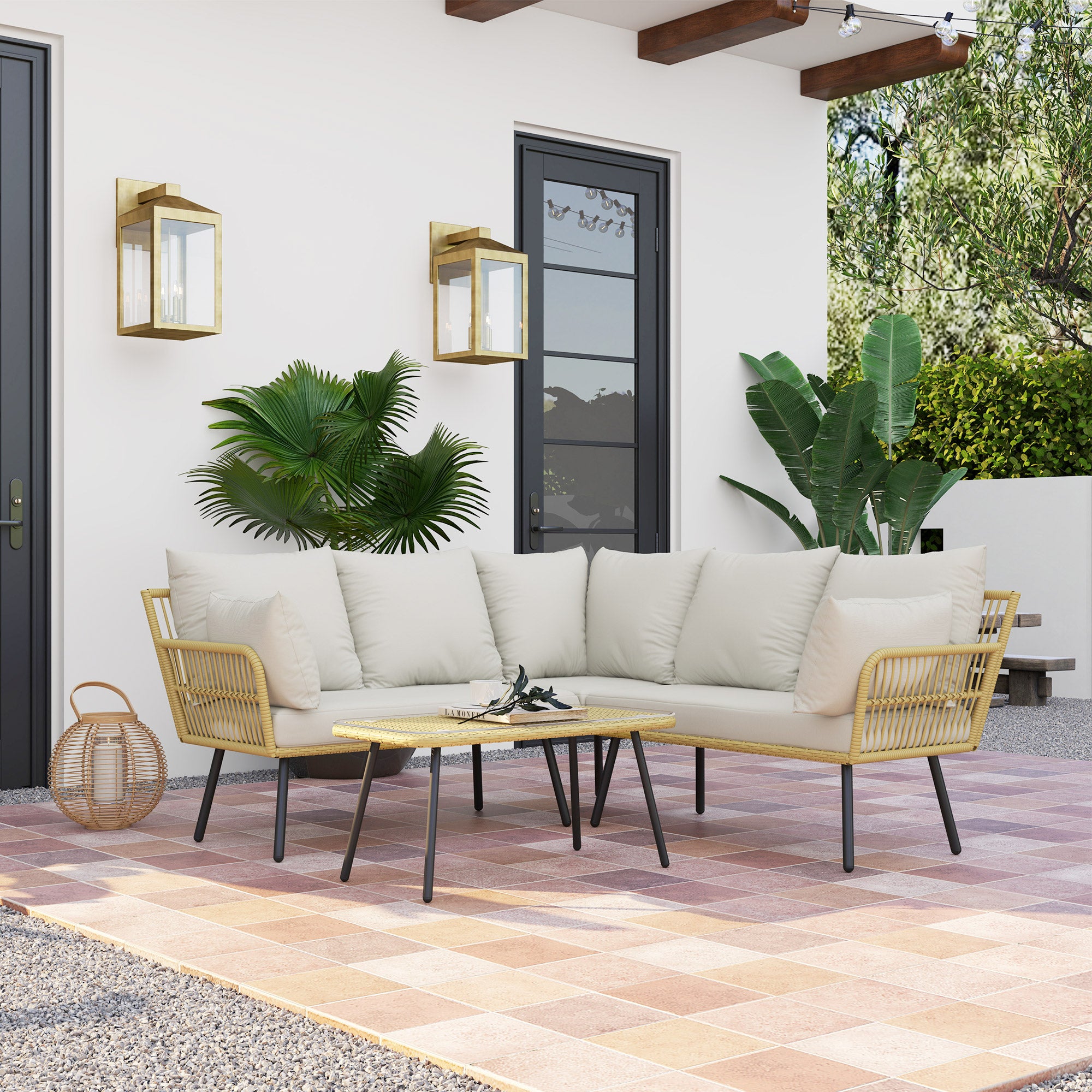 Corner Garden Set 5 Seater Rattan Effect Wicker with Cushions and Rectangular Coffee Table - Bohemian Design