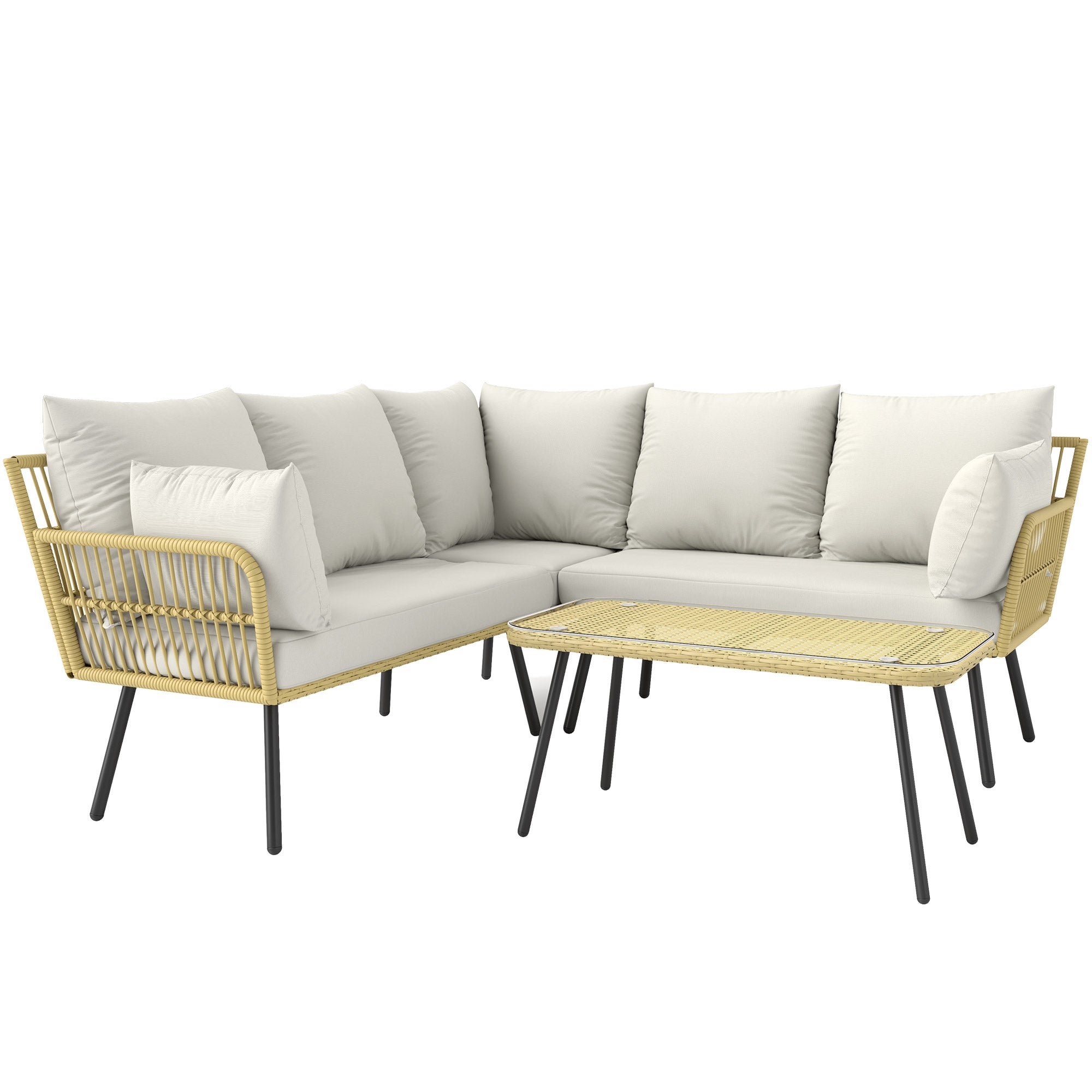 Corner Garden Set 5 Seater Rattan Effect Wicker with Cushions and Rectangular Coffee Table - Bohemian Design