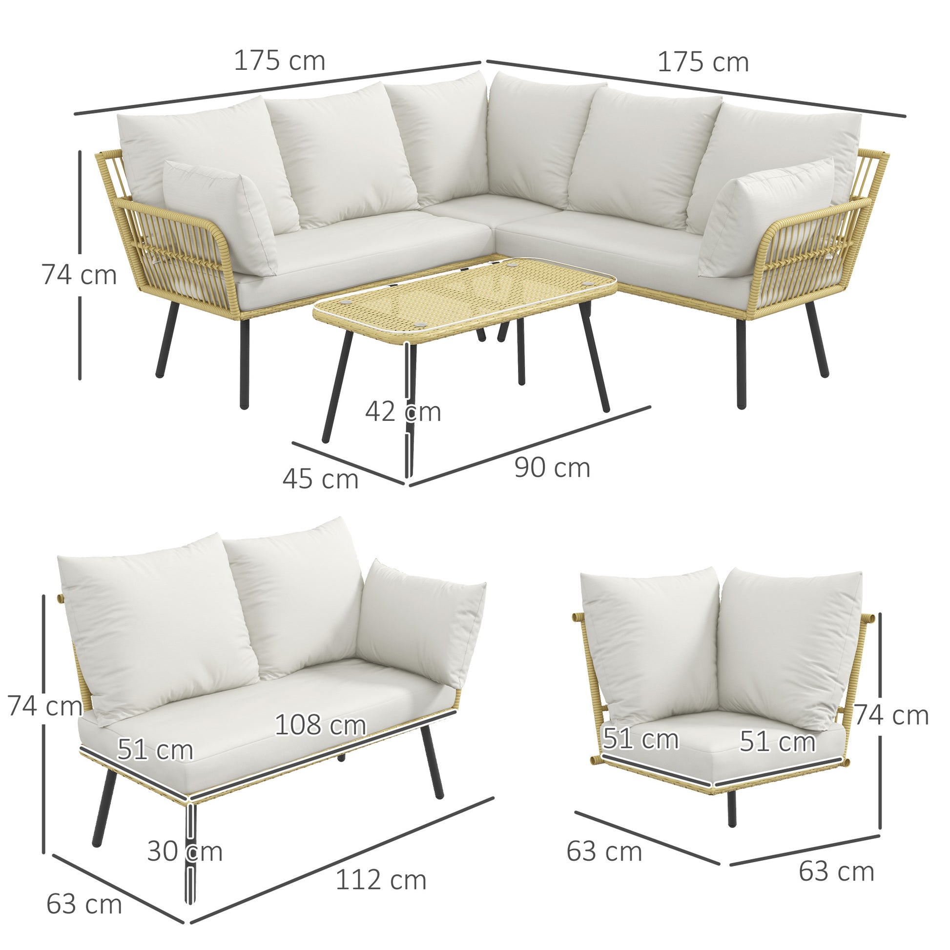 Corner Garden Set 5 Seater Rattan Effect Wicker with Cushions and Rectangular Coffee Table - Bohemian Design