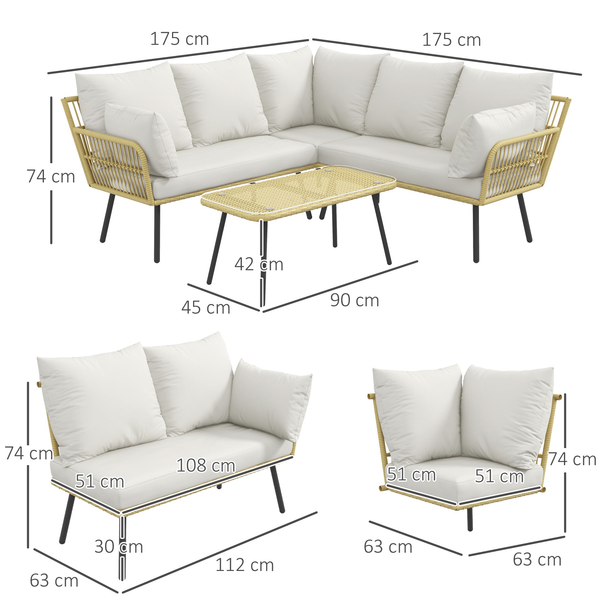 Corner Garden Set 5 Seater Rattan Effect Wicker with Cushions and Rectangular Coffee Table - Bohemian Design