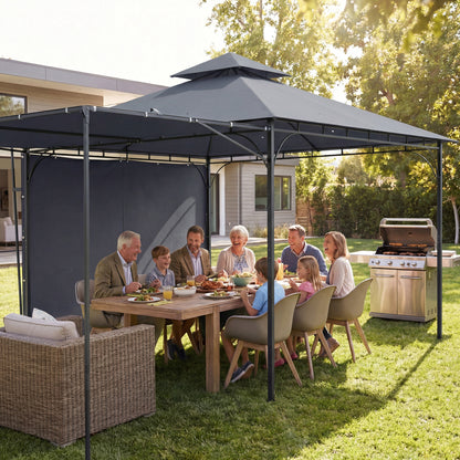 3.2 x 3.2 m (10.5 x 10.5 ft) Metal Garden Gazebo — Retractable Canopy, Double Roof, UPF 30+, Dark Gray