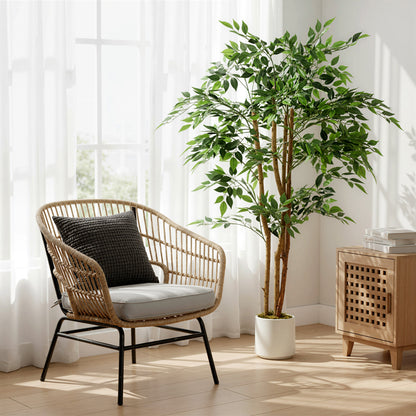 150 cm Artificial Banyan Tree for Indoor Use, Faux Greenery in Plastic Planter with Solid Wood Trunk — Home, Office, Living Room, Bedroom Decor