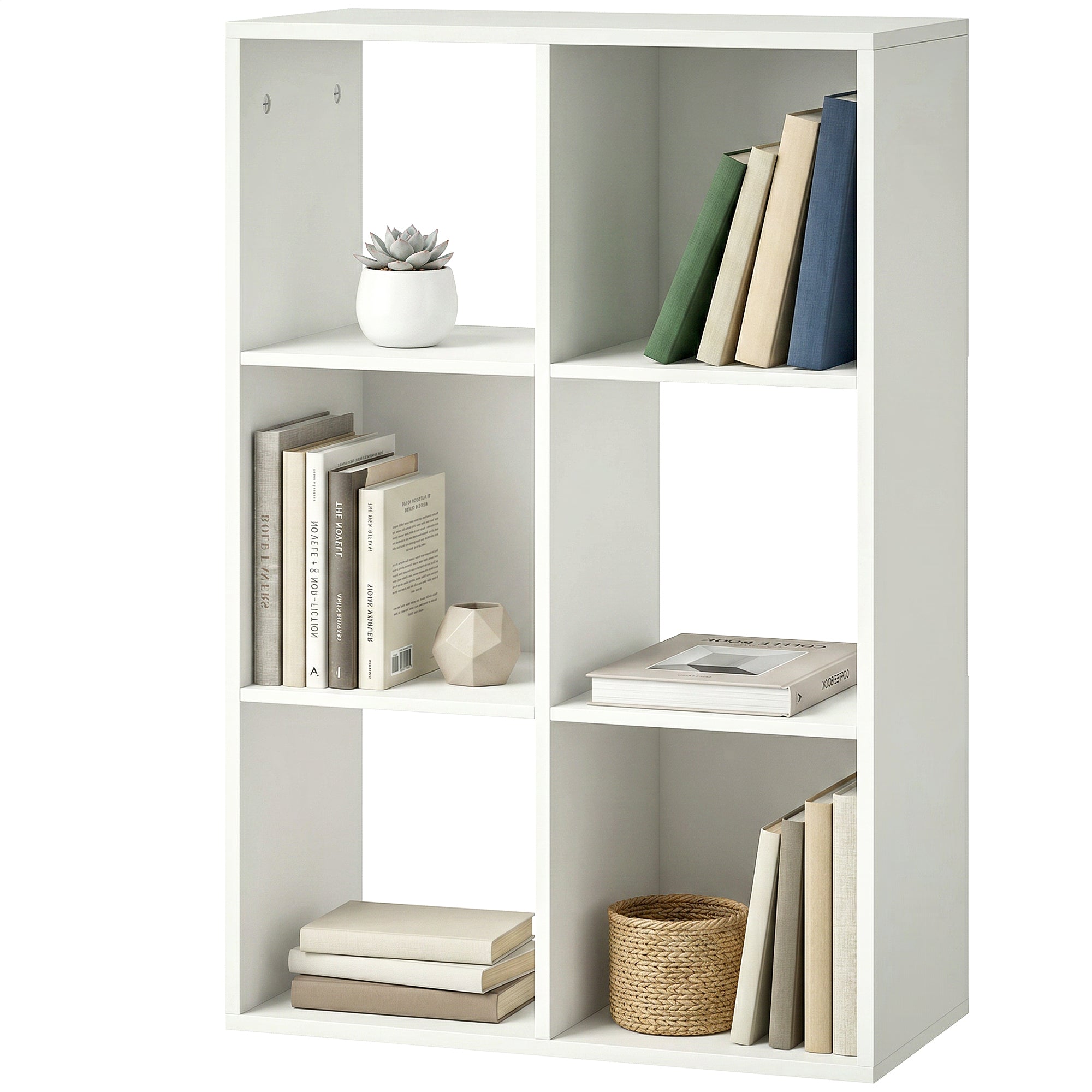 Narrow 3-Tier 6-Cube Bookshelf — Space-Saving Storage with Anti-Tip Strap, White