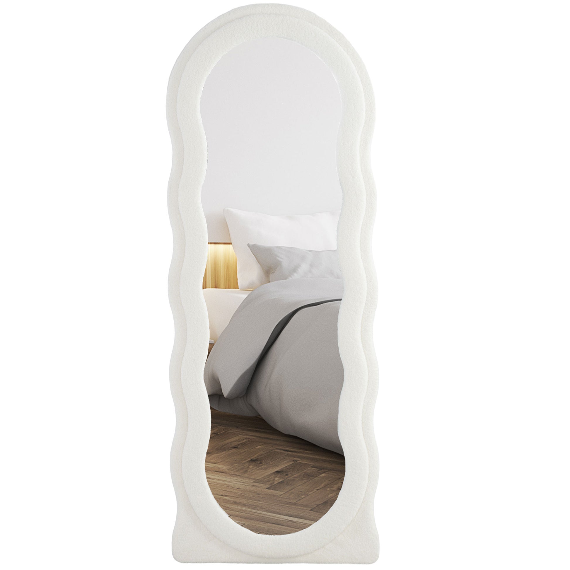 Full-Length Mirror 160 x 60 cm Arched Floor Mirror with Wave Design Shatterproof Glass Velvet Frame Wall Mirror Floor Mirror for Living Room, Bedroom, Hallway, White