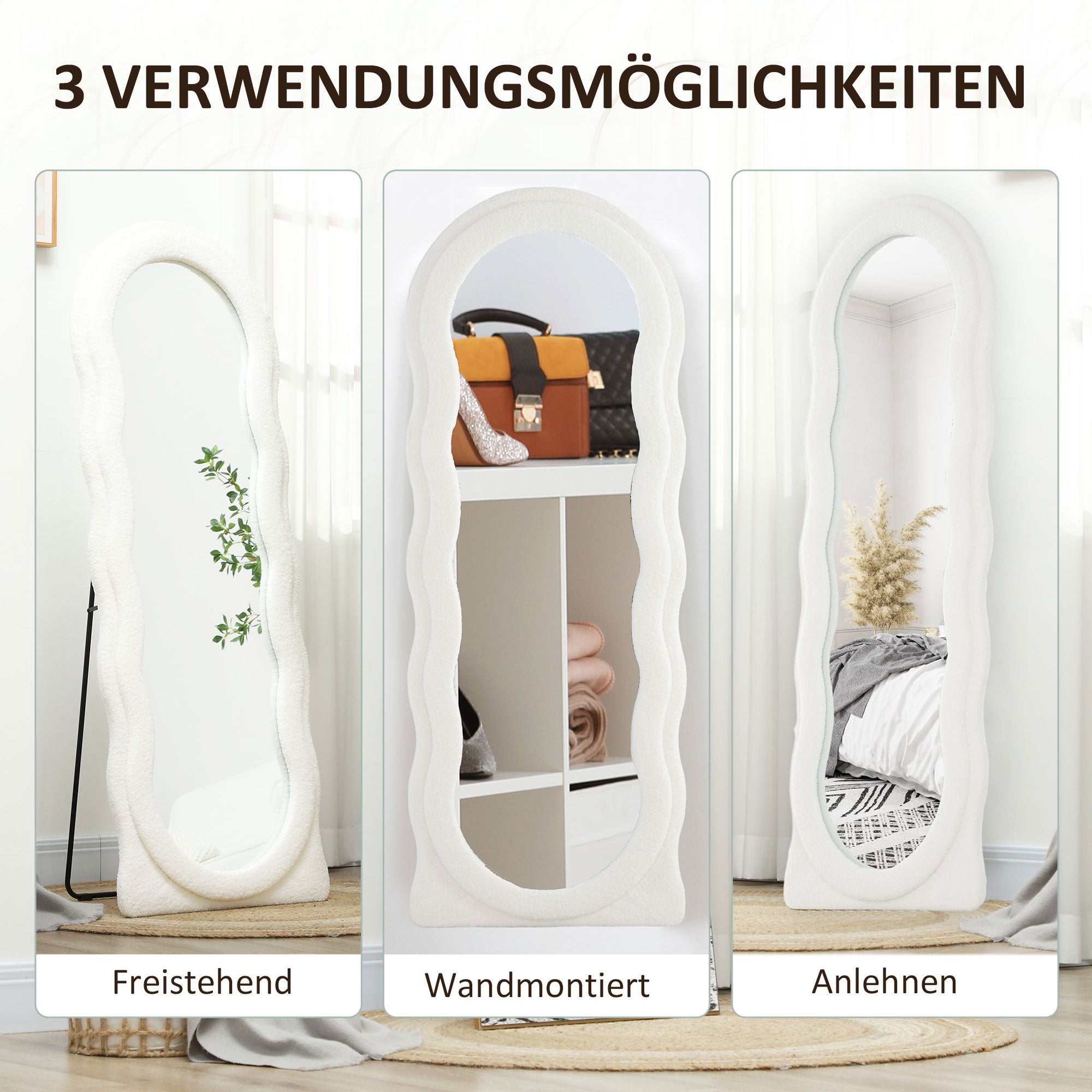 Full-Length Mirror 160 x 60 cm Arched Floor Mirror with Wave Design Shatterproof Glass Velvet Frame Wall Mirror Floor Mirror for Living Room, Bedroom, Hallway, White