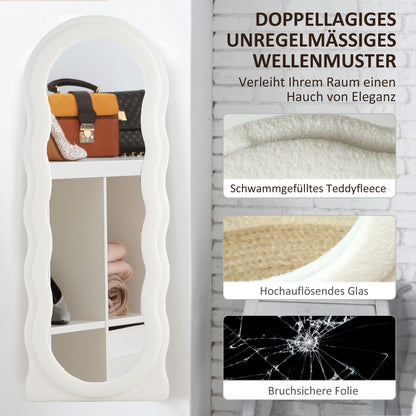 Full-Length Mirror 160 x 60 cm Arched Floor Mirror with Wave Design Shatterproof Glass Velvet Frame Wall Mirror Floor Mirror for Living Room, Bedroom, Hallway, White