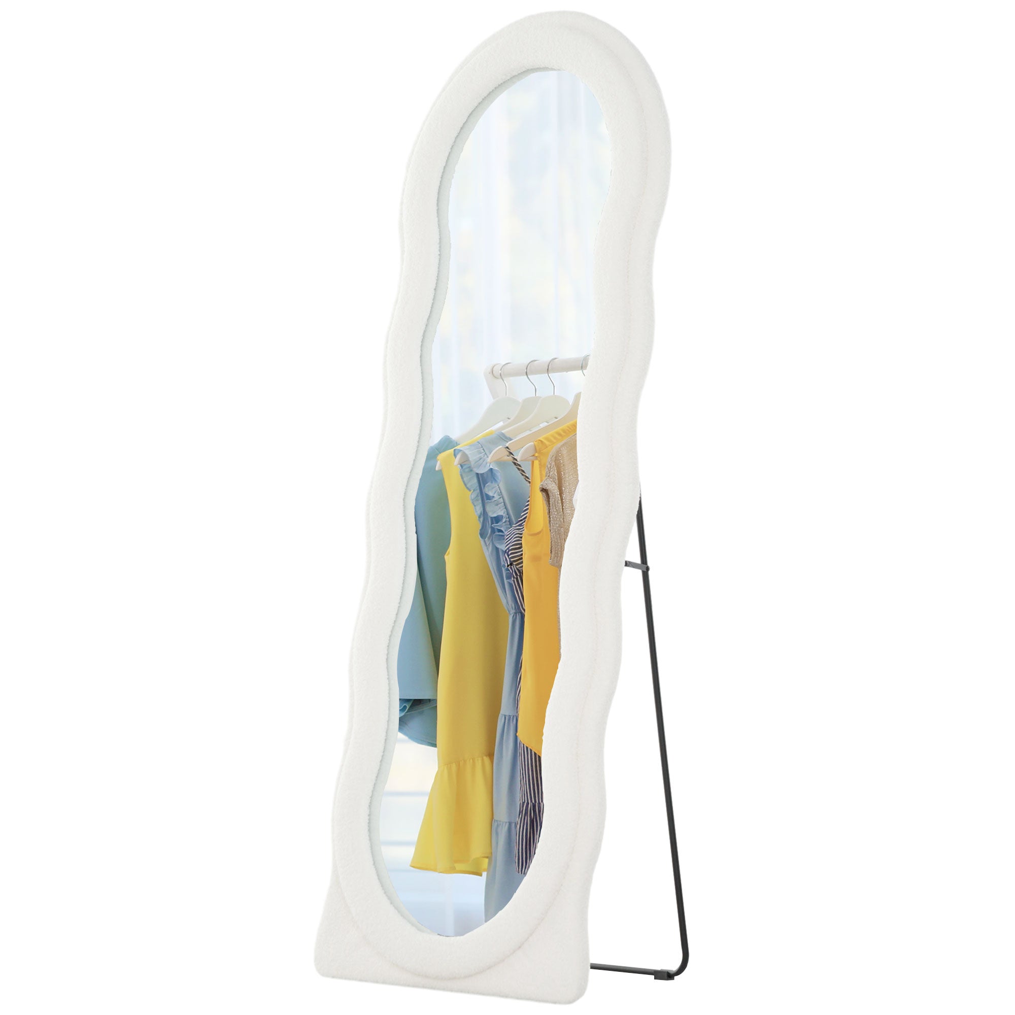 Full-Length Mirror 160 x 60 cm Arched Floor Mirror with Wave Design Shatterproof Glass Velvet Frame Wall Mirror Floor Mirror for Living Room, Bedroom, Hallway, White