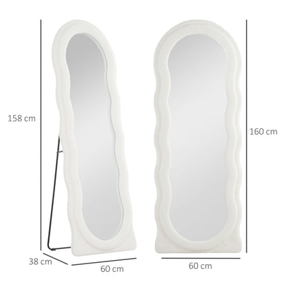 Full-Length Mirror 160 x 60 cm Arched Floor Mirror with Wave Design Shatterproof Glass Velvet Frame Wall Mirror Floor Mirror for Living Room, Bedroom, Hallway, White