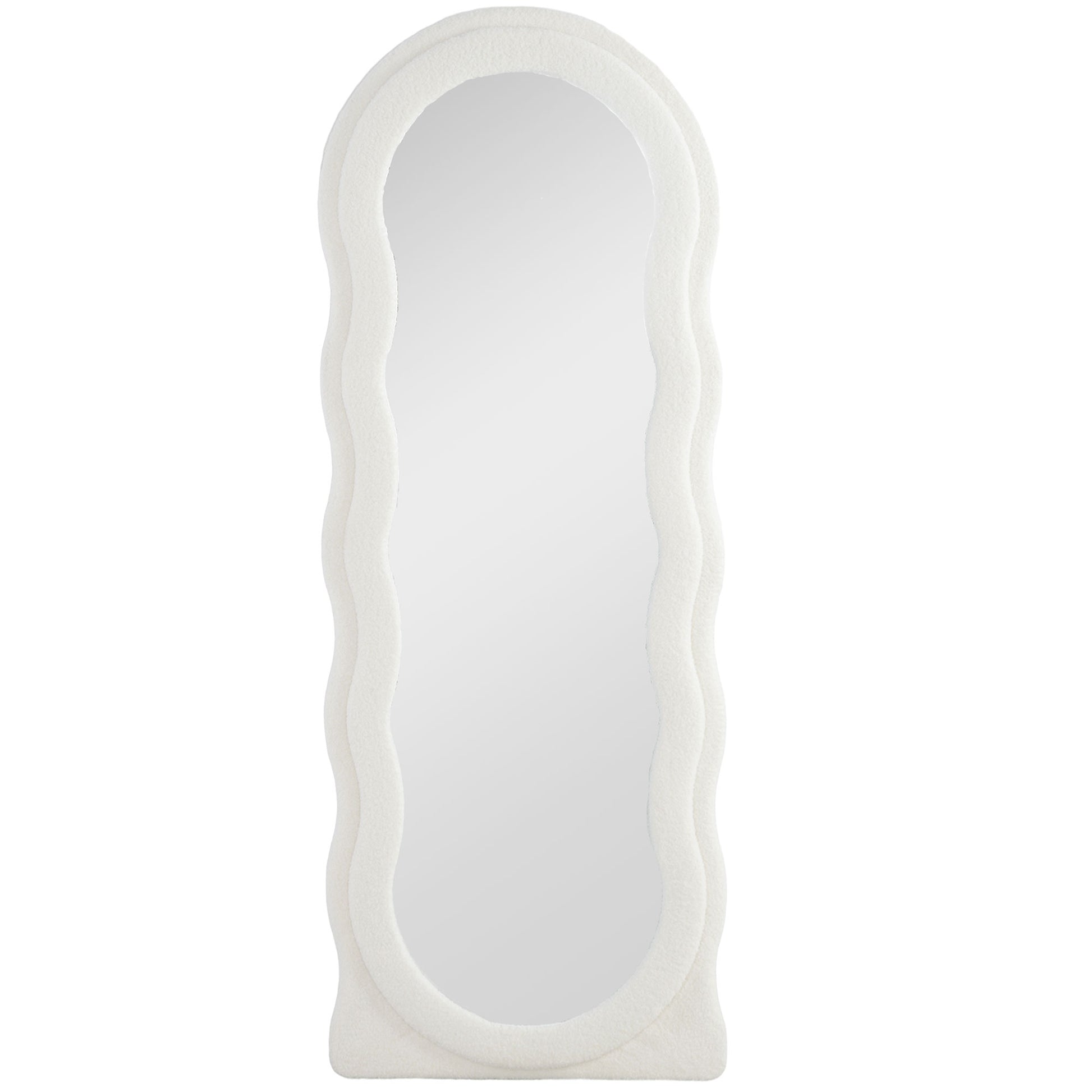Full-Length Mirror 160 x 60 cm Arched Floor Mirror with Wave Design Shatterproof Glass Velvet Frame Wall Mirror Floor Mirror for Living Room, Bedroom, Hallway, White