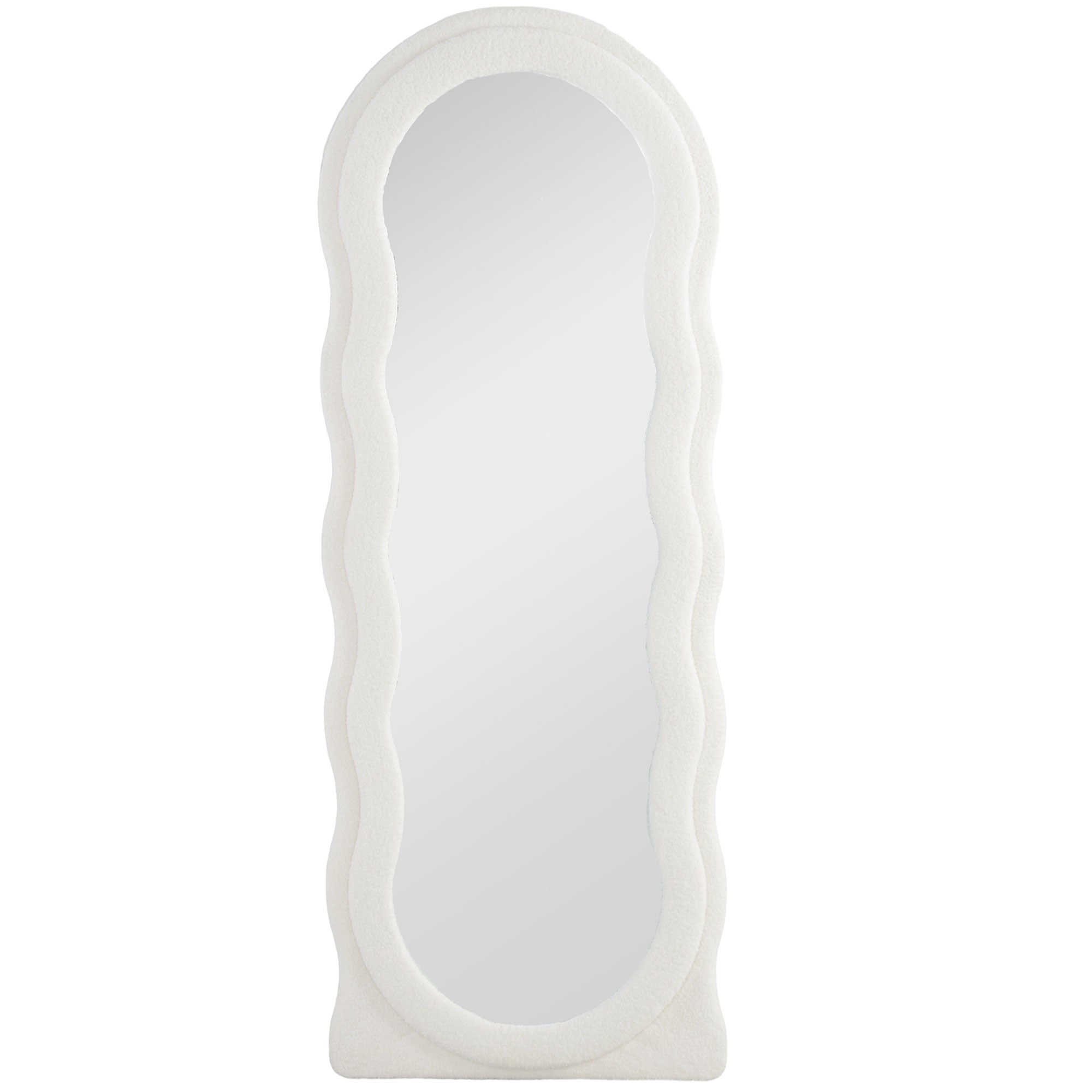 Full-Length Mirror 160 x 60 cm Arched Floor Mirror with Wave Design Shatterproof Glass Velvet Frame Wall Mirror Floor Mirror for Living Room, Bedroom, Hallway, White