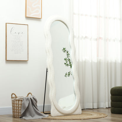 Full-Length Mirror 160 x 60 cm Arched Floor Mirror with Wave Design Shatterproof Glass Velvet Frame Wall Mirror Floor Mirror for Living Room, Bedroom, Hallway, White
