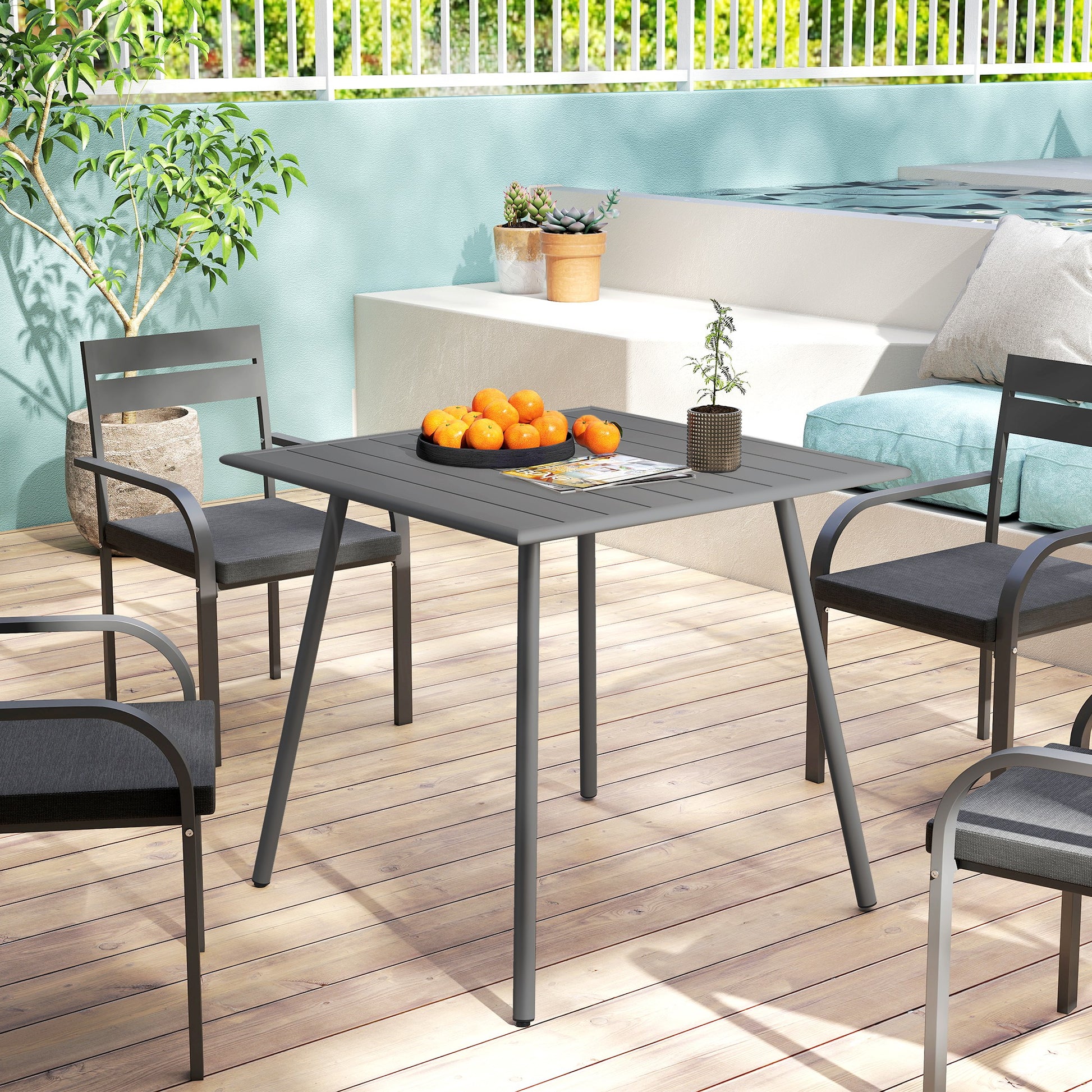 Garden Table Steel 80 x 80 x 74 cm Weatherproof Buffet Table with Steel Frame, Non-slip Camping Table for 4 People Balcony Table Patio Table Outdoor Dining Table for Garden, Terrace, Balcony, Gray