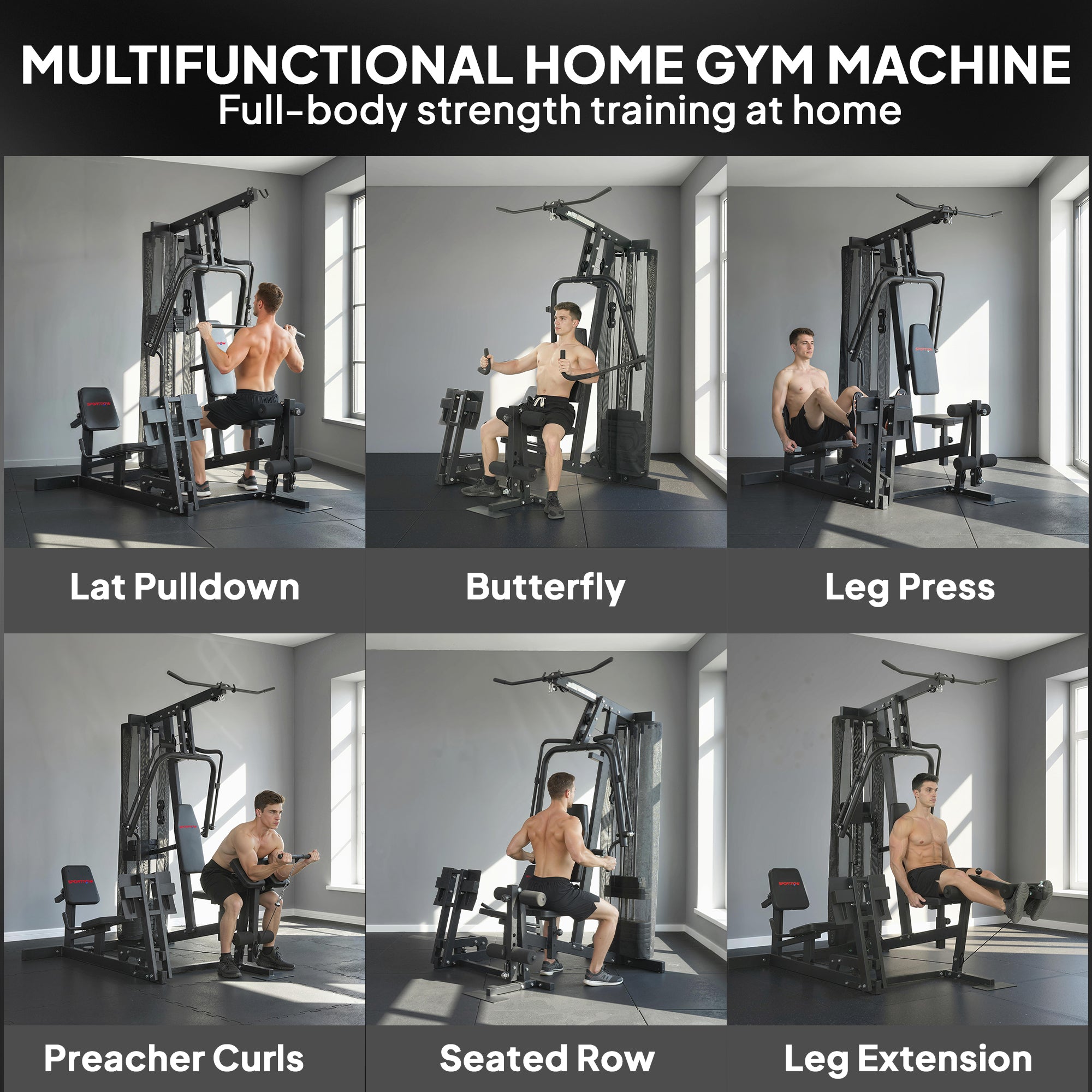 SPORTNOW Home Gym Station with Lat Pulldown & Butterfly Bar, 65 kg Weight Stack, Cable Leg Press — Multifunction Strength Trainer (Up to 120 kg Capacity)
