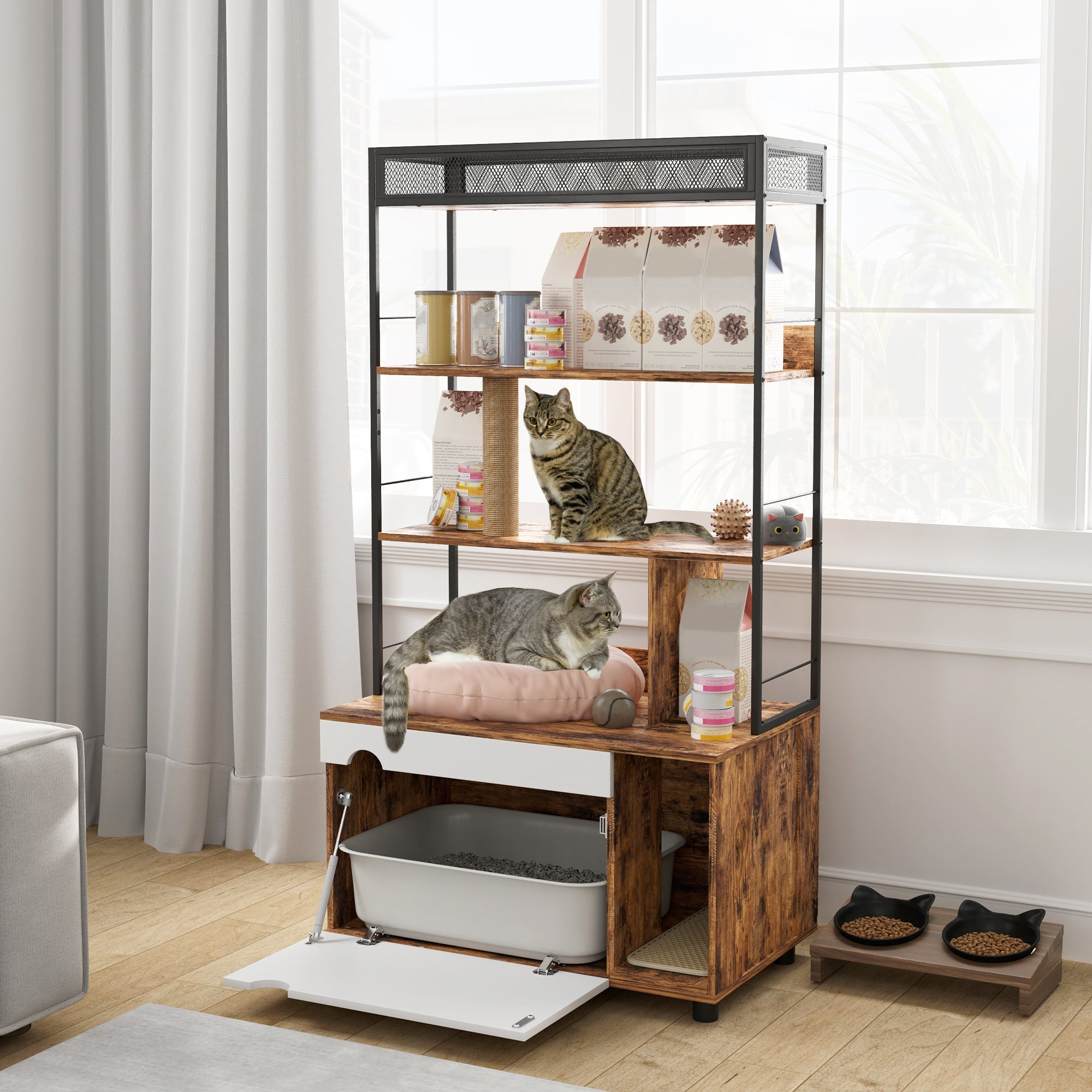 2-in-1 Cat Litter Box Cabinet, Cat Litter Box with 3-Level Shelf, Scratching Post, Swinging Door, Cat House for Cat up to 6 kg, 80 x 48 x 152 cm, Rustic Brown