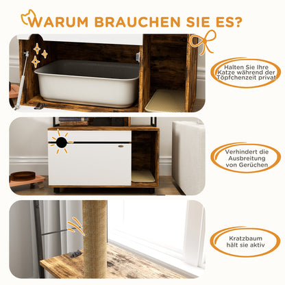 2-in-1 Cat Litter Box Cabinet, Cat Litter Box with 3-Level Shelf, Scratching Post, Swinging Door, Cat House for Cat up to 6 kg, 80 x 48 x 152 cm, Rustic Brown