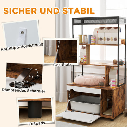2-in-1 Cat Litter Box Cabinet, Cat Litter Box with 3-Level Shelf, Scratching Post, Swinging Door, Cat House for Cat up to 6 kg, 80 x 48 x 152 cm, Rustic Brown