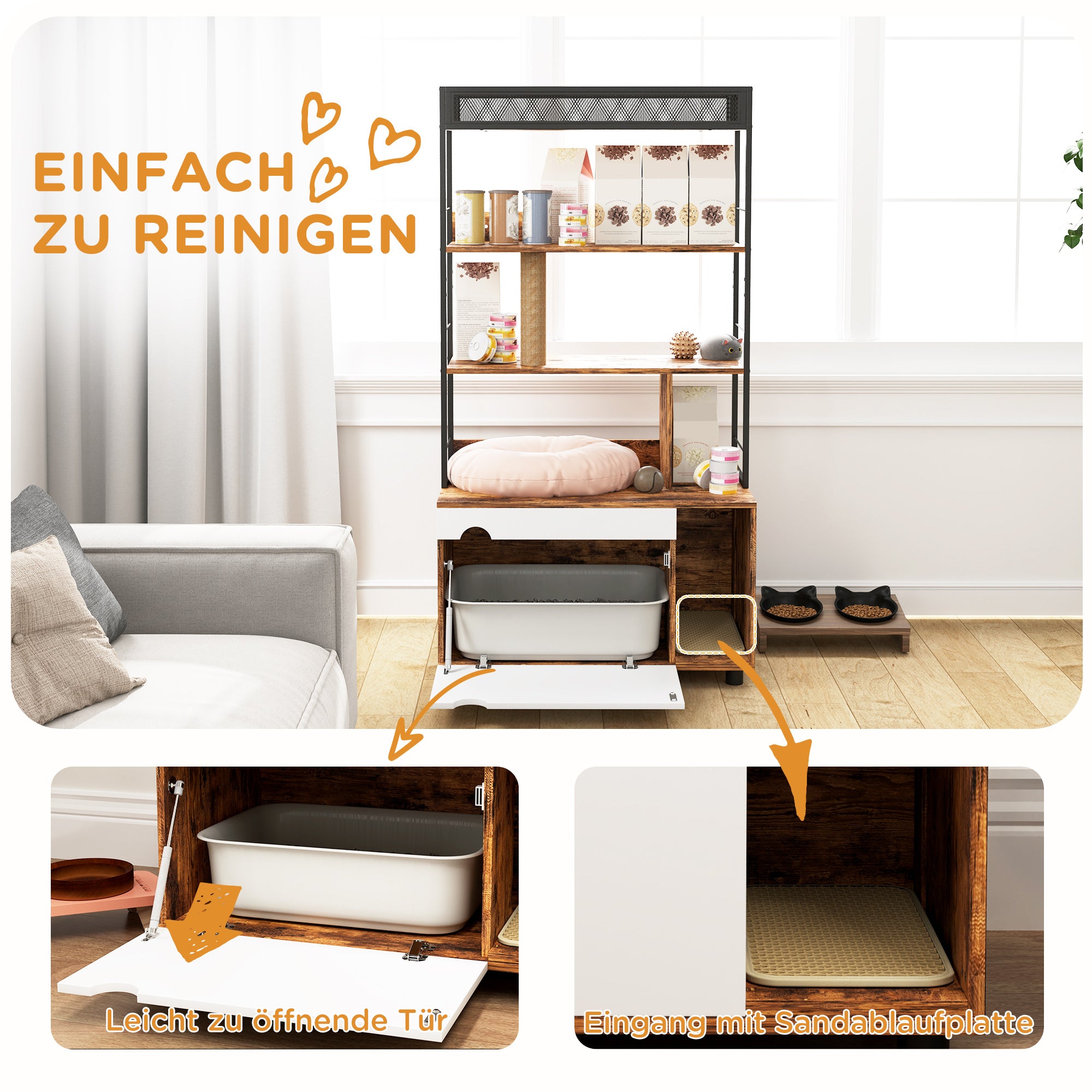2-in-1 Cat Litter Box Cabinet, Cat Litter Box with 3-Level Shelf, Scratching Post, Swinging Door, Cat House for Cat up to 6 kg, 80 x 48 x 152 cm, Rustic Brown
