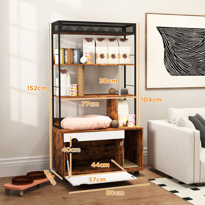 2-in-1 Cat Litter Box Cabinet, Cat Litter Box with 3-Level Shelf, Scratching Post, Swinging Door, Cat House for Cat up to 6 kg, 80 x 48 x 152 cm, Rustic Brown