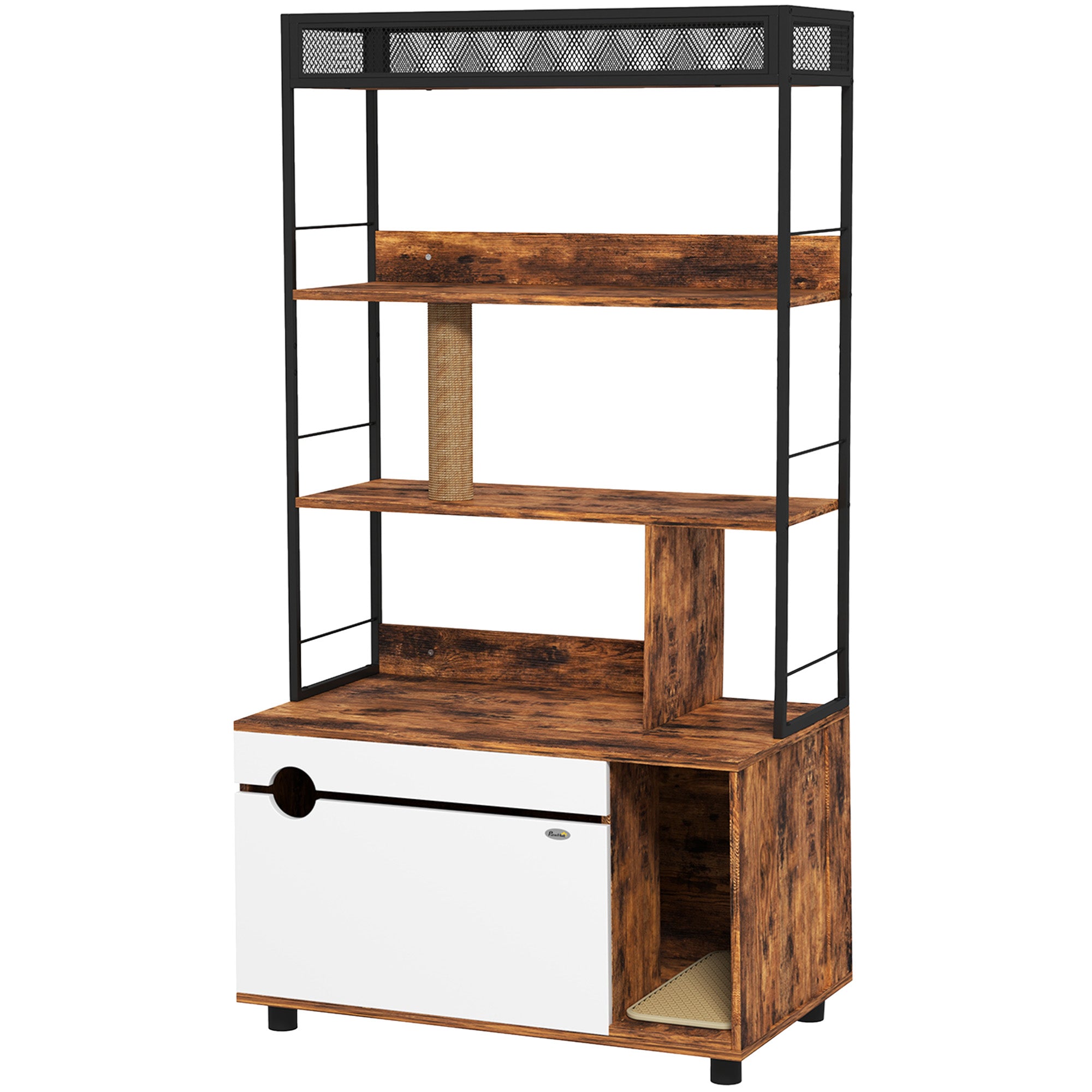 2-in-1 Cat Litter Box Cabinet, Cat Litter Box with 3-Level Shelf, Scratching Post, Swinging Door, Cat House for Cat up to 6 kg, 80 x 48 x 152 cm, Rustic Brown