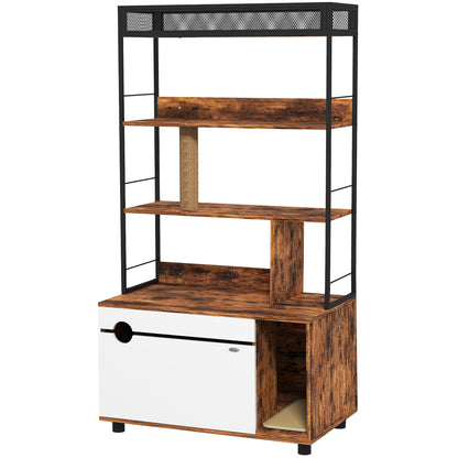 2-in-1 Cat Litter Box Cabinet, Cat Litter Box with 3-Level Shelf, Scratching Post, Swinging Door, Cat House for Cat up to 6 kg, 80 x 48 x 152 cm, Rustic Brown