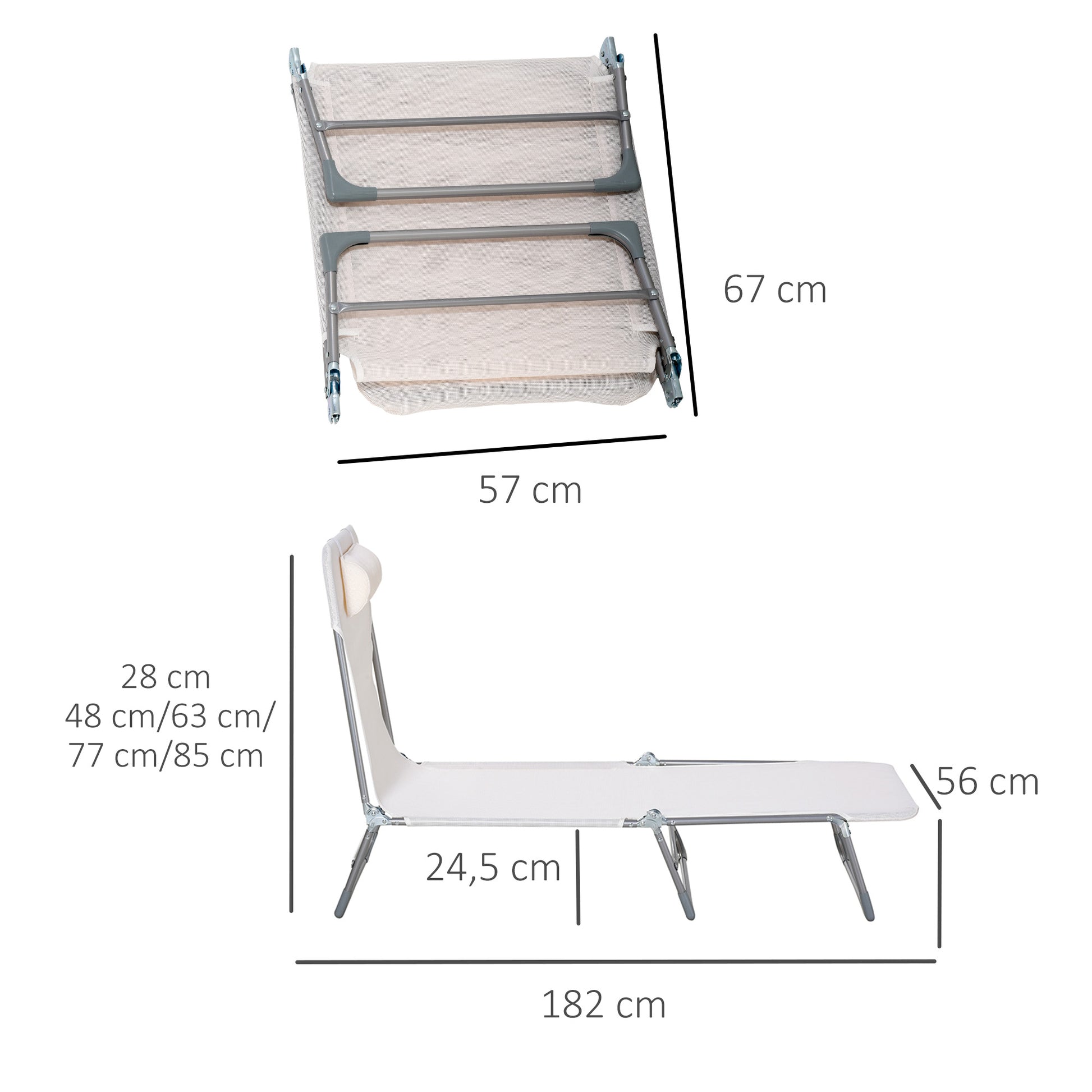 Folding Reclining Garden Sun Lounger with Adjustable Headrest and 5-Position Backrest Breathable Texteline Fabric 182x56x28 cm Cream