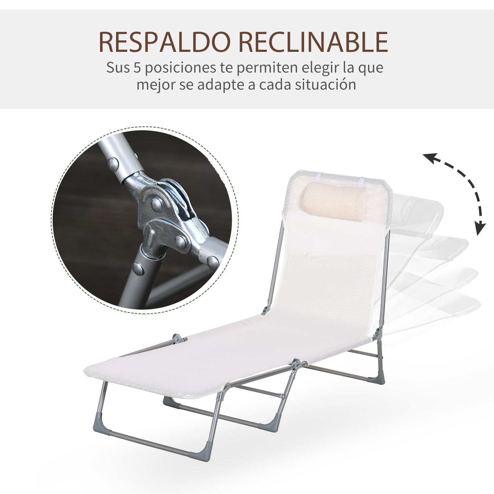 Folding Reclining Garden Sun Lounger with Adjustable Headrest and 5-Position Backrest Breathable Texteline Fabric 182x56x28 cm Cream
