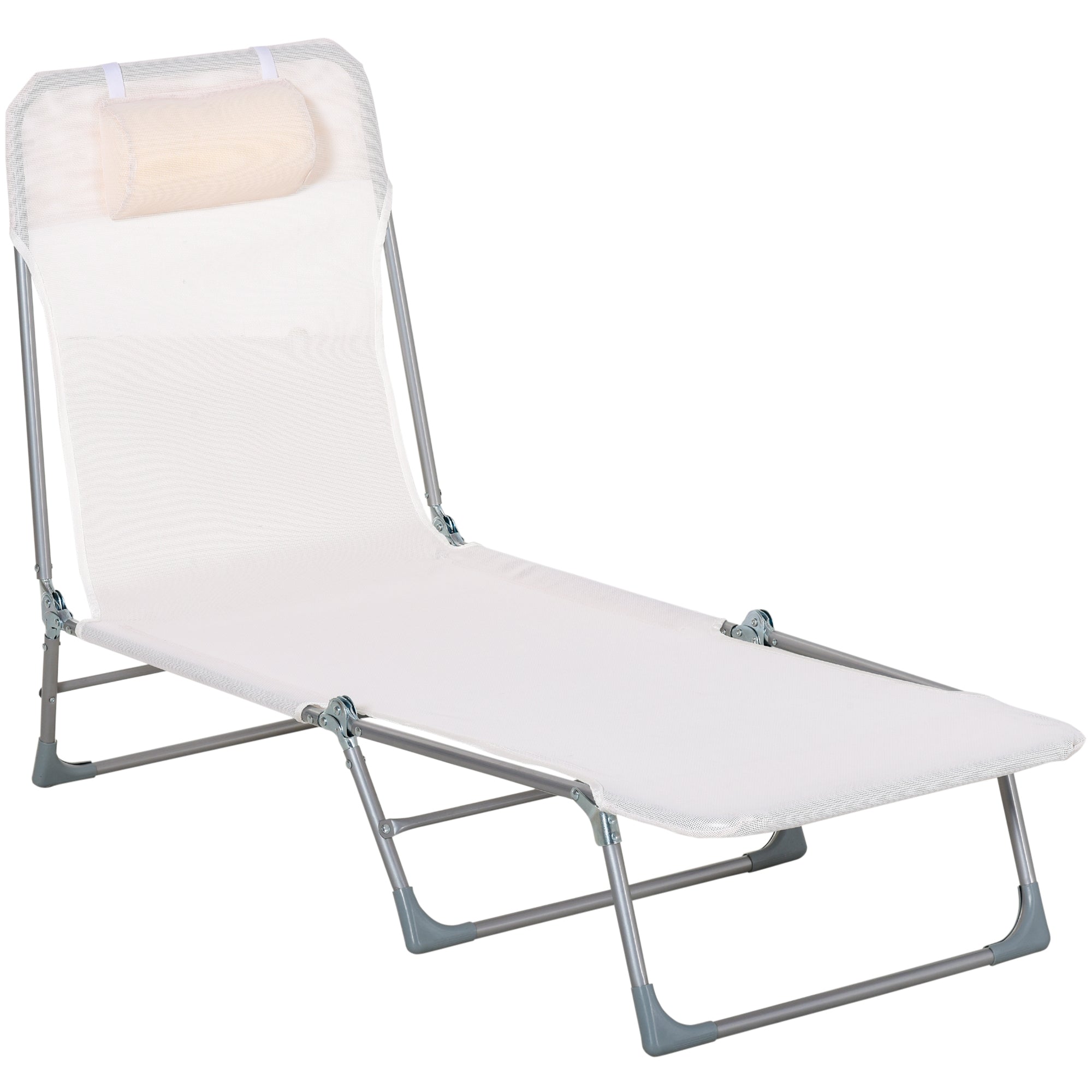Folding Reclining Garden Sun Lounger with Adjustable Headrest and 5-Position Backrest Breathable Texteline Fabric 182x56x28 cm Cream