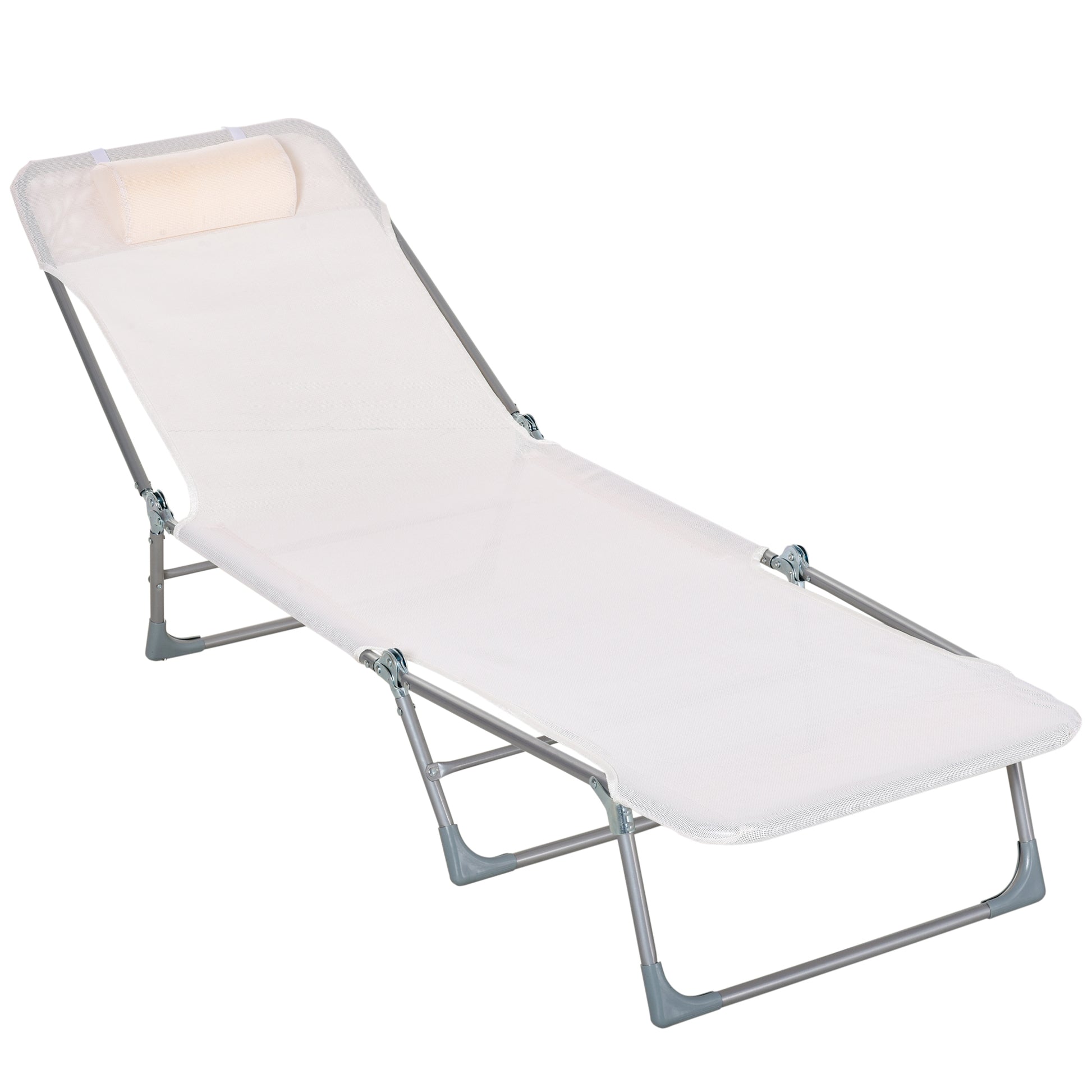 Folding Reclining Garden Sun Lounger with Adjustable Headrest and 5-Position Backrest Breathable Texteline Fabric 182x56x28 cm Cream