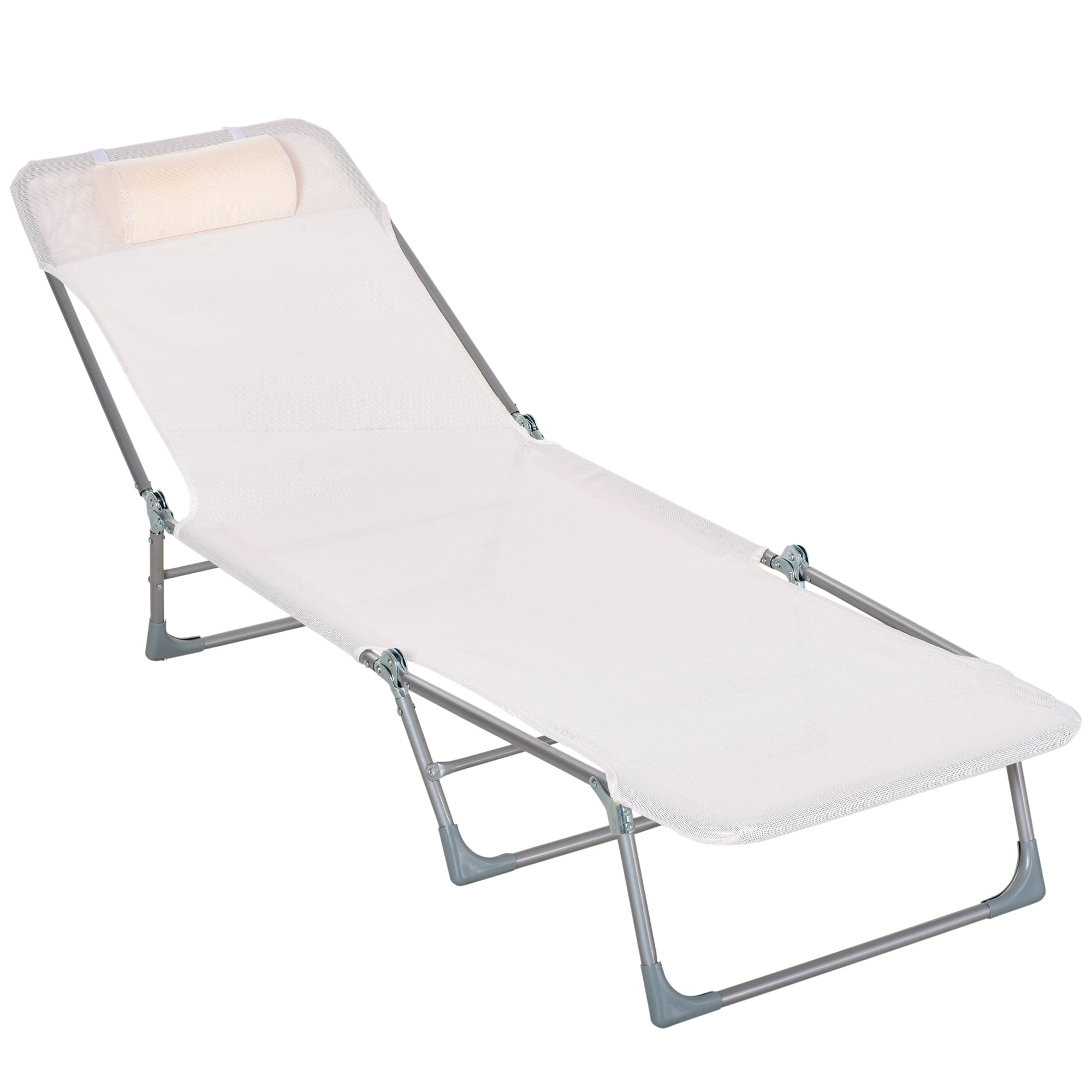 Folding Reclining Garden Sun Lounger with Adjustable Headrest and 5-Position Backrest Breathable Texteline Fabric 182x56x28 cm Cream