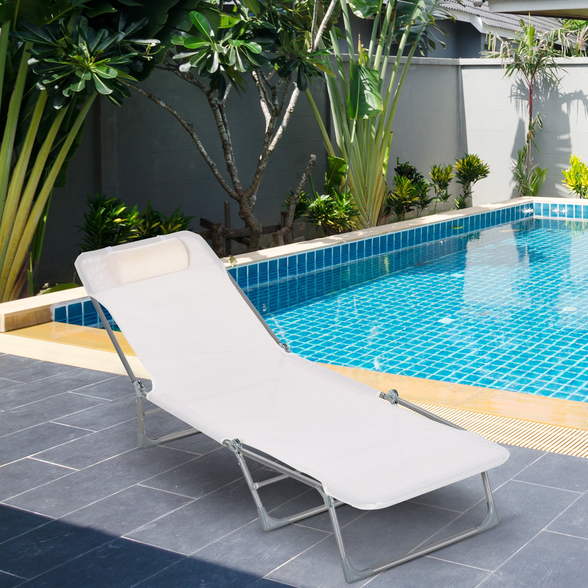 Folding Reclining Garden Sun Lounger with Adjustable Headrest and 5-Position Backrest Breathable Texteline Fabric 182x56x28 cm Cream