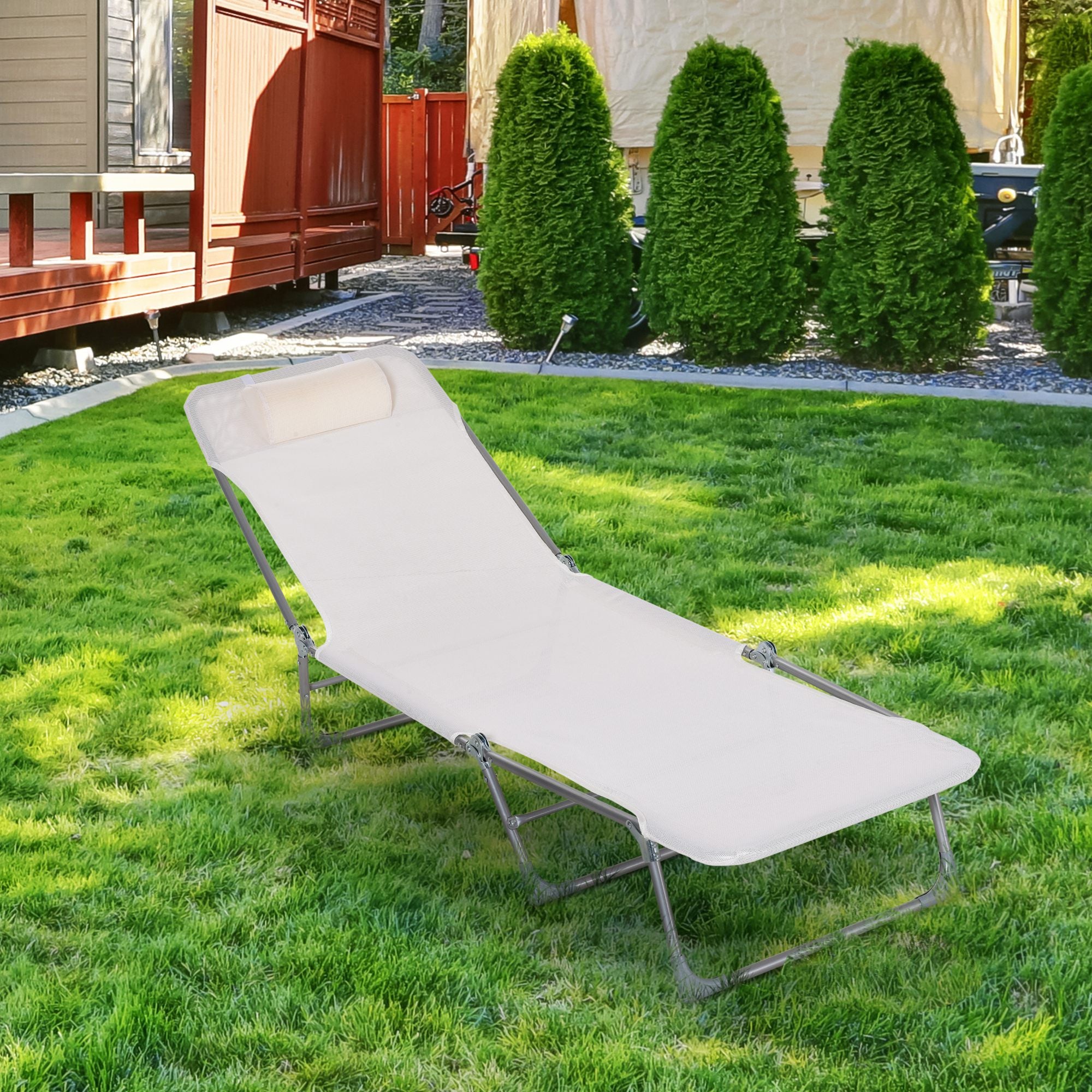 Folding Reclining Garden Sun Lounger with Adjustable Headrest and 5-Position Backrest Breathable Texteline Fabric 182x56x28 cm Cream
