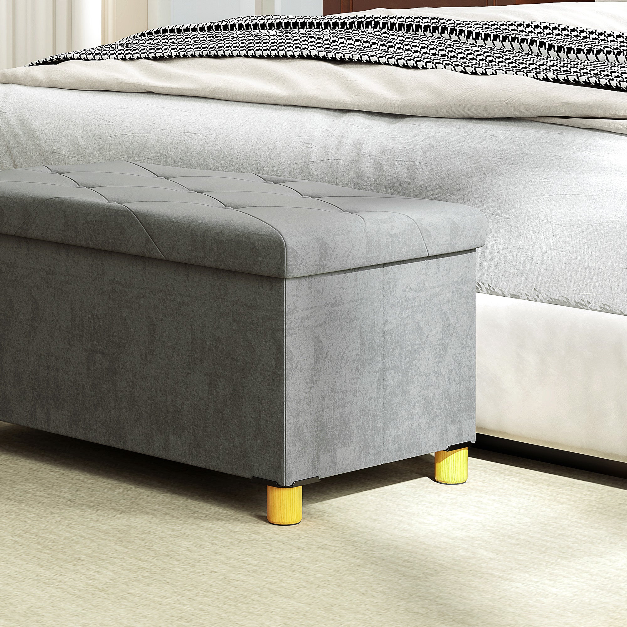 Folding Storage Bench Upholstered Bench with Velvet Look, Storage Bench with Legs, Trunk Bench for Living Room Bedroom Hallway 76 x 38 x 38 cm, Gray
